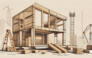 A half-built house made of hemp blocks with various construction tools scattered around