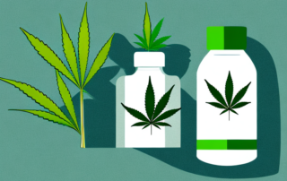 A cannabis plant next to a bottle of pills