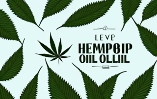 A bottle of hemp oil surrounded by various natural elements like leaves and flowers