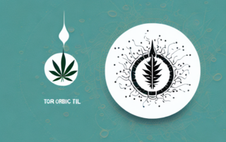 A cbd oil dropper with a few drops falling into a symbolic representation of pain