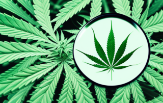 A hemp plant with a magnifying glass focusing on its leaves