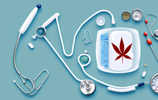 A hemp plant with various medical tools like a stethoscope