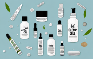 A hemp oil bottle surrounded by various objects representing its diverse applications such as a skincare product