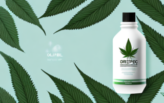 A dropper bottle with thc oil surrounded by natural elements like leaves and flowers