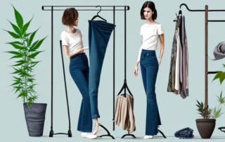 A pair of stylish hemp jeans draped over a clothing rack