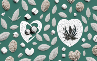 Peeled hemp seeds surrounded by various symbols of health