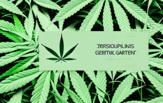 A variety of cannabis plants in a serene garden setting
