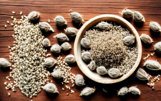 A pile of unshelled hemp seeds in a rustic bowl