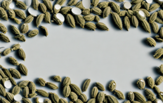 A variety of hemp seeds scattered on a table with a magnifying glass focusing on one