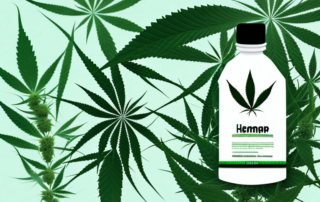A hemp plant in the foreground with a bottle of hemp oil and a dropper in the background