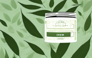 A hemp cream jar surrounded by hemp leaves