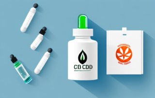 A cbd oil dropper bottle next to a prescription pad and a pharmacy symbol