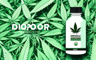 A dropper bottle filled with thc oil with hemp leaves in the background
