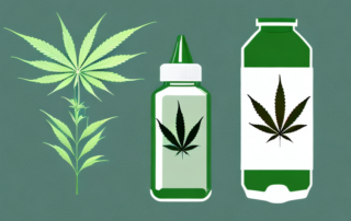 A cannabis plant next to a bottle of pills