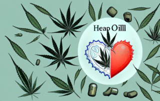 A bottle of hemp oil surrounded by various symbols of health like a heart