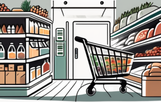 A shopping cart filled with various grocery items