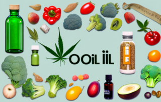 A bottle of hemp oil surrounded by various healthy foods like fruits and vegetables