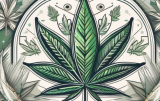 A detailed cannabis leaf with various symbolic elements subtly incorporated into its design