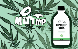 A bottle of hemp milk surrounded by hemp plants