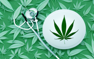 A cannabis leaf intertwined with symbolic elements of medical treatment such as a pill bottle and a stethoscope