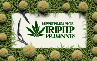 Mature hemp plants in a field with a pair of gardening shears and a basket nearby