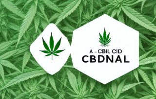 A cbd molecule structure surrounded by various medicinal plants and herbs