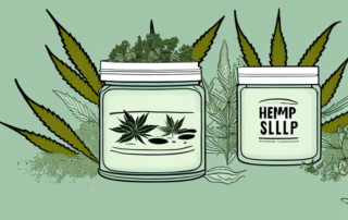 A hemp salve jar placed on a pharmacy shelf surrounded by various natural plants and herbs