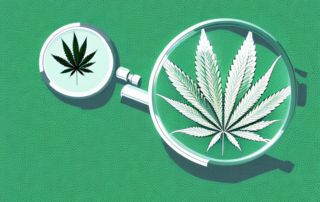 A cannabis plant with a magnifying glass focusing on the buds