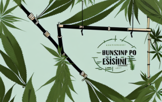 A pair of stylish hemp jeans hanging from a bamboo clothing rack