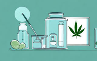 A thc powder container placed on a table with a cannabis leaf next to it