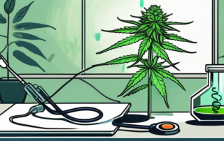 A cannabis plant in a laboratory setting with a stethoscope