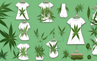 Various styles of women's hemp shirts displayed on hangers