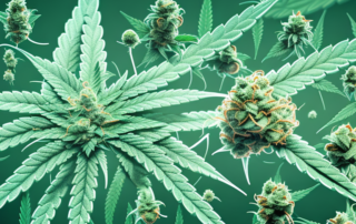 A cannabis plant with its various components highlighted and magnified