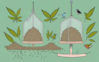 A garden scene with various birds pecking at a bird feeder filled with hemp seeds