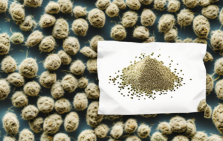 A packet of hemp seeds on a shelf in a grocery store setting