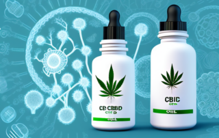A cbd oil dropper bottle with symbolic images like a brain