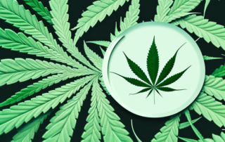 A hemp plant with a magnifying glass focusing on its leaves