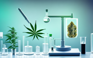 A cannabis plant in a medical lab setting with scientific equipment around it