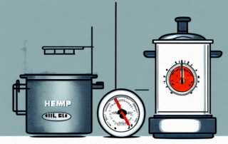 A hemp oil bottle next to a small cooking pot on a stove