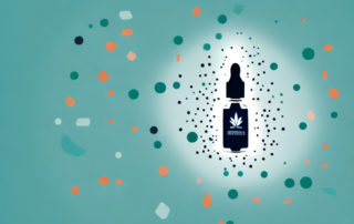A cbd oil dropper with a few drops falling onto a silhouette of a body