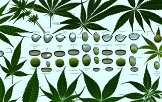 A variety of hemp plants with magnifying glasses focusing on different parts of the plant