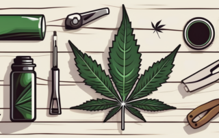A cannabis leaf on a rustic wooden table surrounded by various tools and items used in its application