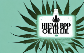 A bottle of hemp oil surrounded by hemp plants