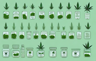 Various types of cannabis plants in a pharmacy setting