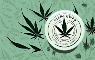 A jar of hemp salve surrounded by hemp leaves and symbols of arthritis like a swollen knee or elbow