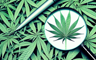 A magnifying glass examining a hemp plant