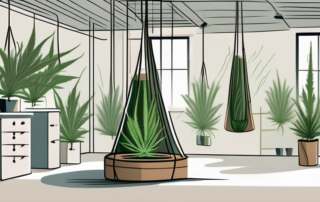 A well-ventilated room with hemp plants hanging upside down from the ceiling for drying