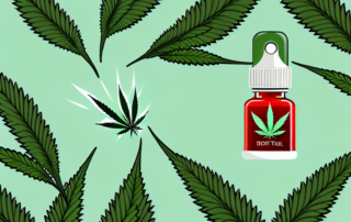 A dropper bottle of cannabis oil surrounded by various plants and herbs