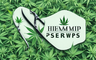 A mature hemp plant in a field with a pair of gardening shears nearby