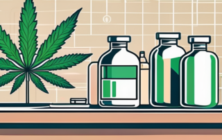 A prescription bottle with cannabis leaves inside